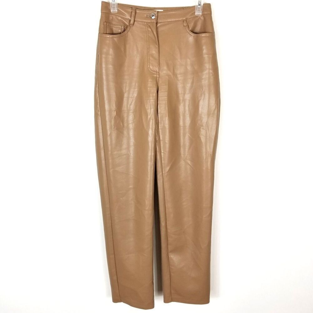 Wilfred Aritzia Women Faux Leather Straight Pants Size 2 Camel High Rise
